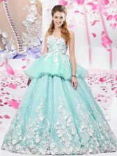  Scoop Apple Green Sleeveless Lace and Appliques Floor Length Quince Ball Gowns