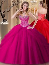  Sweetheart Sleeveless Quinceanera Gown Floor Length Beading Fuchsia Tulle