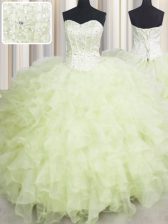  Sleeveless Organza Floor Length Lace Up Sweet 16 Quinceanera Dress in Yellow Green with Beading and Ruffles