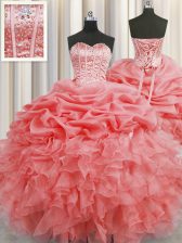 Flirting Pick Ups Visible Boning Watermelon Red Sleeveless Organza Lace Up Quinceanera Dresses for Military Ball and Sweet 16 and Quinceanera