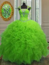Trendy Straps Cap Sleeves Floor Length Beading and Ruffles and Sequins Lace Up Quince Ball Gowns