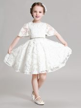 Sweet White A-line Beading and Appliques Flower Girl Dress Zipper Organza Short Sleeves Mini Length