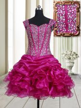High Class Straps Fuchsia Sleeveless Beading and Ruffles Mini Length Evening Dress