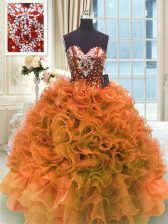 Super Sleeveless Organza Floor Length Lace Up Vestidos de Quinceanera in Orange with Ruffles