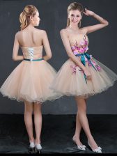 Hot Selling A-line Prom Party Dress Peach Strapless Organza Sleeveless Mini Length Lace Up