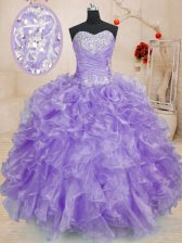 Fine Organza Sweetheart Sleeveless Lace Up Beading and Ruffles Quinceanera Gowns in Lavender