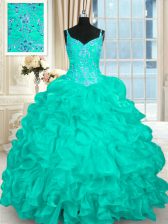  Turquoise Lace Up Spaghetti Straps Beading and Ruffles Quinceanera Dresses Organza Sleeveless Brush Train