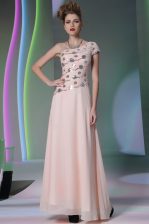 Fashionable Baby Pink One Shoulder Side Zipper Beading and Appliques Prom Party Dress Cap Sleeves