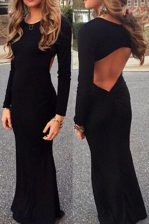  Mermaid Scoop Black Long Sleeves Ruching Floor Length Prom Party Dress