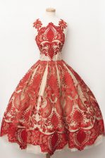  Sleeveless Tulle Tea Length Zipper Prom Dresses in Red with Lace
