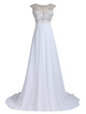 Sumptuous Chiffon Scoop Sleeveless Brush Train Backless Beading in White