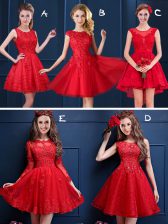 Fashion Scoop Mini Length Lace Up Quinceanera Court of Honor Dress Red for Prom and Party and Wedding Party with Lace and Appliques