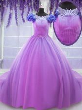 Perfect Scoop Short Sleeves Floor Length Lace Up Quince Ball Gowns Lilac for Military Ball and Sweet 16 and Quinceanera with Hand Made Flower