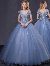 Top Selling Lavender Lace Up Scoop Appliques Vestidos de Quinceanera Tulle Short Sleeves