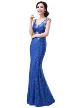 Royal Blue V-neck Neckline Sequins Prom Dress Sleeveless Zipper