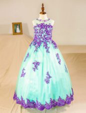 Deluxe Tulle Scoop Sleeveless Zipper Beading and Lace and Appliques Toddler Flower Girl Dress in Turquoise