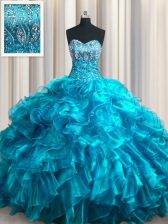  Organza Sweetheart Sleeveless Brush Train Lace Up Beading and Ruffles Sweet 16 Dresses in Teal