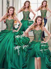 Pretty Four Piece Sweetheart Sleeveless Ball Gown Prom Dress Floor Length Beading and Appliques and Pick Ups Dark Green Taffeta
