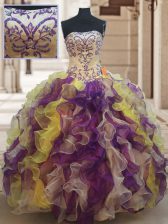 Ideal Strapless Sleeveless Organza 15 Quinceanera Dress Beading and Ruffles Lace Up
