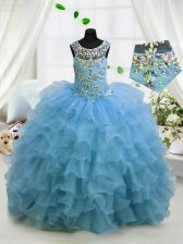  Scoop Sleeveless Lace Up Floor Length Beading and Ruffled Layers Kids Formal Wear