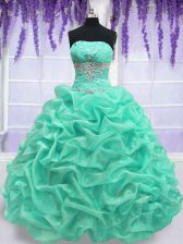 Glamorous Turquoise Strapless Lace Up Beading Vestidos de Quinceanera Sleeveless