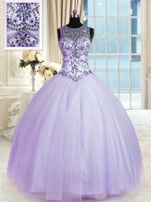 Flare Lavender Quinceanera Gown Military Ball and Sweet 16 and Quinceanera with Beading Scoop Sleeveless Lace Up