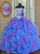  Sleeveless Floor Length Beading and Appliques and Ruffles and Sashes ribbons and Hand Made Flower Lace Up Quinceanera Gowns with Multi-color