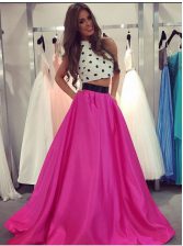  Halter Top Sleeveless Prom Gown Floor Length Ruching Fuchsia Satin
