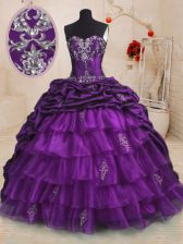  Sweetheart Sleeveless 15 Quinceanera Dress With Train Sweep Train Beading and Appliques and Ruffled Layers and Pick Ups Purple Organza and Taffeta