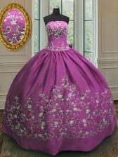  Strapless Sleeveless Quinceanera Dresses Floor Length Embroidery Fuchsia Satin