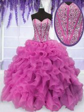 Cute Hot Pink Ball Gowns Beading and Ruffles Vestidos de Quinceanera Lace Up Organza Sleeveless Floor Length