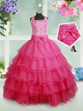  Halter Top Ruffled Floor Length Ball Gowns Sleeveless Hot Pink Girls Pageant Dresses Zipper