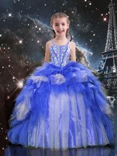  Floor Length Blue Pageant Gowns For Girls Spaghetti Straps Sleeveless Lace Up