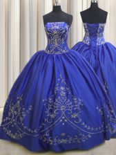  Strapless Sleeveless Ball Gown Prom Dress Floor Length Beading and Embroidery Royal Blue Chiffon