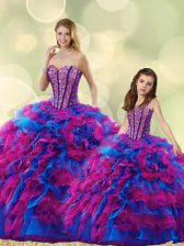 Pretty Organza Sweetheart Sleeveless Lace Up Beading and Ruffles Quinceanera Gown in Multi-color