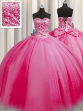 Cheap Big Puffy Rose Pink Tulle Lace Up 15 Quinceanera Dress Sleeveless Floor Length Beading