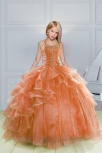  Orange Organza Lace Up Halter Top Sleeveless Floor Length Kids Pageant Dress Beading and Ruffles