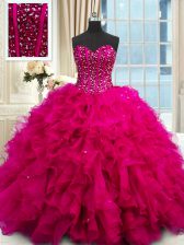 High Quality Sequins Sweetheart Sleeveless Lace Up 15 Quinceanera Dress Fuchsia Organza