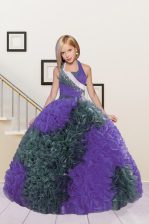  Halter Top Eggplant Purple Fabric With Rolling Flowers Lace Up Little Girls Pageant Gowns Sleeveless Floor Length Beading and Ruffles