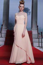 Pretty Baby Pink One Shoulder Side Zipper Appliques and Ruching Prom Dresses Long Sleeves
