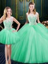  Three Piece Scoop Sleeveless Tulle Floor Length Lace Up Quinceanera Dress in Apple Green with Lace and Pick Ups