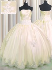  Sleeveless Taffeta Floor Length Lace Up Vestidos de Quinceanera in Champagne with Beading and Appliques