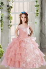 Discount Baby Pink Ball Gowns Square Sleeveless Organza Floor Length Lace Up Lace and Ruffled Layers Little Girl Pageant Gowns