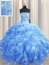  Visible Boning Baby Blue Lace Up Strapless Beading and Ruffles Quince Ball Gowns Organza Sleeveless