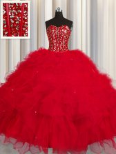  Visible Boning Red Sleeveless Tulle Lace Up Sweet 16 Quinceanera Dress for Military Ball and Sweet 16 and Quinceanera
