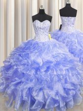 Gorgeous Visible Boning Zipper Up Lavender Zipper Sweetheart Beading and Ruffles Ball Gown Prom Dress Organza Sleeveless