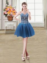  Beading and Sequins Teal Lace Up Sleeveless Mini Length