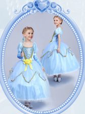 Hot Sale Scoop Light Blue Short Sleeves Beading and Sequins and Hand Made Flower Tea Length Flower Girl Dresses