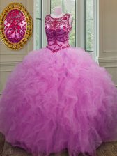  Scoop Floor Length Lace Up Sweet 16 Dresses Lilac for Military Ball and Sweet 16 and Quinceanera with Beading and Ruffles