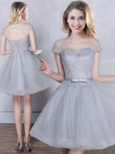  Scoop Short Sleeves Mini Length Appliques and Belt Lace Up Court Dresses for Sweet 16 with Grey